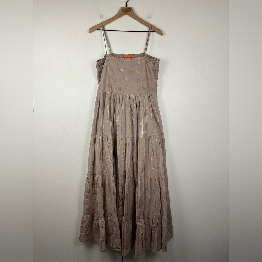 Oliphant Smocked Tiered Purple Gray Metallic Gold Dot Stripe Midi Dress Sz L